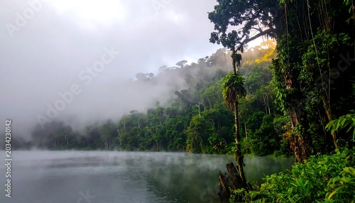 Misty Tropical Rainforest Surrounding Calm River at Dawn