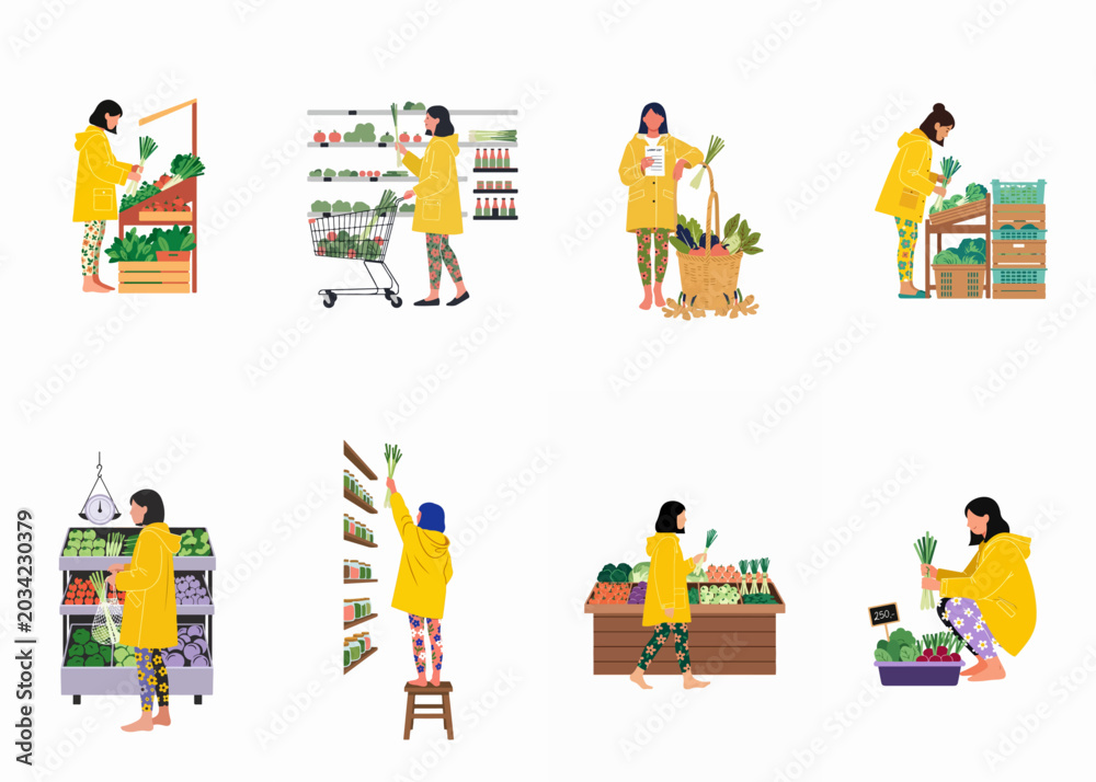 Naklejka premium Set of Illustrations Featuring a Woman in a Yellow Raincoat Shopping for Fresh Vegetables at Different Market Stalls and Grocery Stores