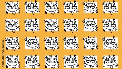 Fotografie Cute tired cat face seamless pattern with yellow grid plaid stripes background