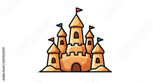A whimsical sandcastle with colorful flags stands proudly on a sandy shore.