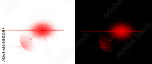 Red lens flare light effect, glowing anamorphic streak on black and white backgrounds, cinematic optical sunbeam and bright laser flash