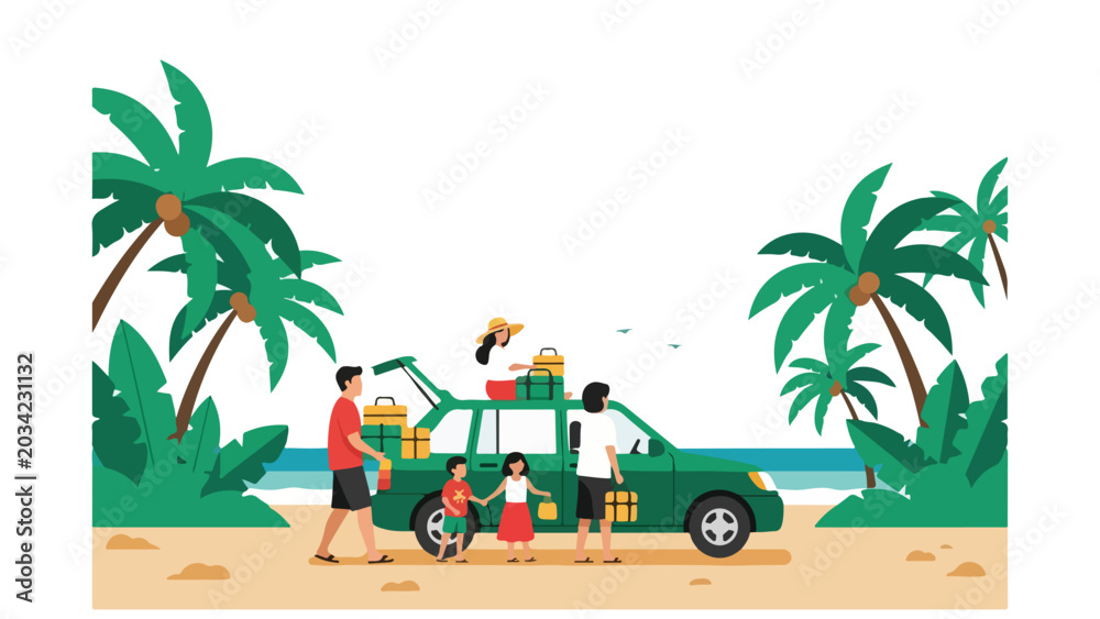 Obraz premium Family packing car for beach vacation with palm trees