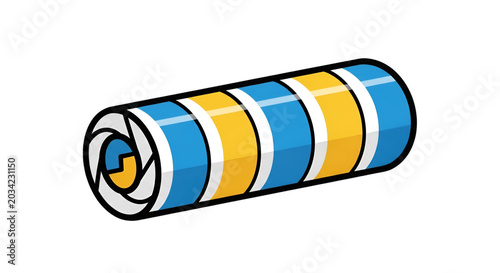 Rolled up beach towel with blue and yellow stripes for summer relaxation.