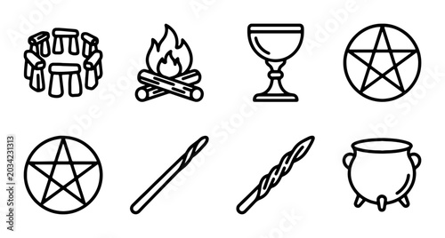 Cuadro en lienzo Witchcraft Symbols Set: Pentagrams, Cauldron, Fire, Wand, Chalice, Stone Circle
