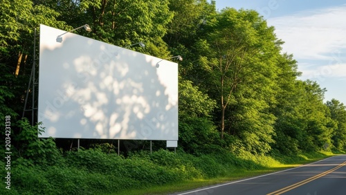 Large blank white billboard mockup situated next to a road surrounded by green trees