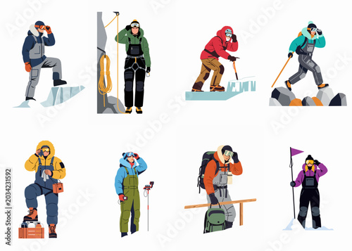 Fotografie Flat vector character set of mountain climbers and polar explorers in winter gear engaged in various outdoor activities like ice climbing and hiking