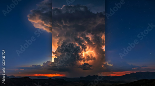 Dramatic storm clouds with lightning over mountain range at sunset