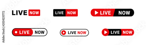 Live Now Button Collection With Streaming Interface Elements and Modern Broadcast Badge Design. Live Streaming Banner Set Featuring Media Play Buttons and Online Broadcast Interface Icons