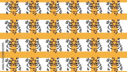 Quadro su tela Cute tired cat face seamless pattern with yellow grid plaid stripes background