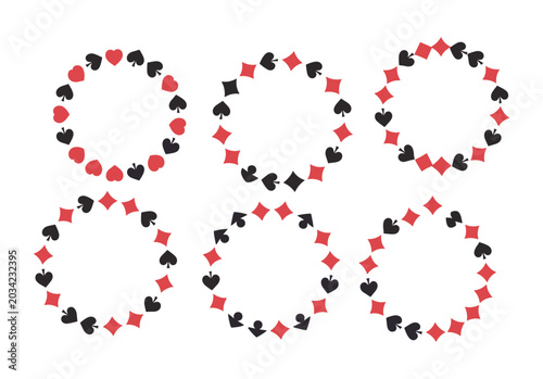 Six circular frames made of red and black playing card suit symbols including hearts diamonds and spades arranged in repeating patterns on a white background