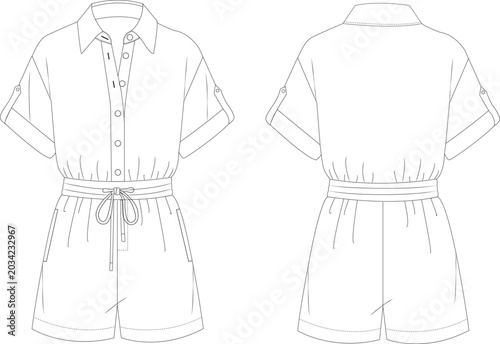 Foto Technical Flat Sketch of Women's Romper Jumpsuit Front and Back View