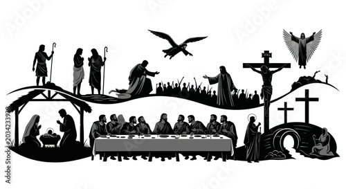 Foto Christianity Story Montage: Nativity, Last Supper, Crucifixion, Ascension