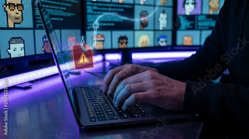 Digital security breach warning User on laptop with screens displaying virtual avatars and an alert, symbolizing online threats to assets