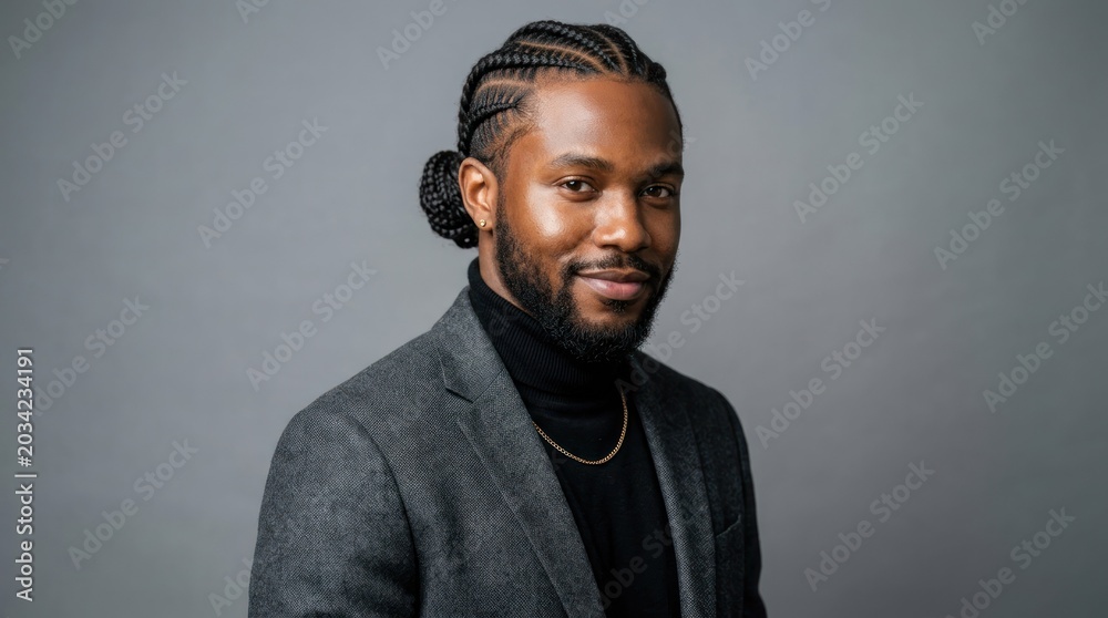 Fototapeta premium A man with braided hair wearing a gray suit and black turtleneck, standing against a gray background.