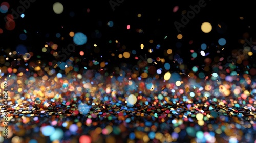 Colorful confetti particles scattered over a deep black surface with luminous reflections