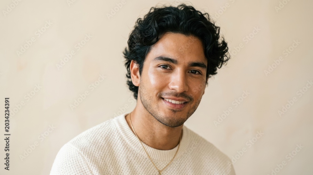 Obraz premium A man with curly hair wearing a white sweater, standing against a plain background.