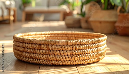 Round Woven Basket Resting on Sunlit Wooden Floor in Cozy Indoor Room