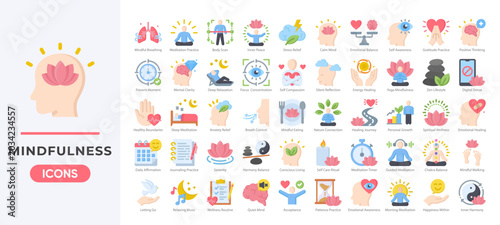 Mindfulness and Meditation Icon Set, Mental Health Wellness and Yoga Practice. Simple flat color vector.