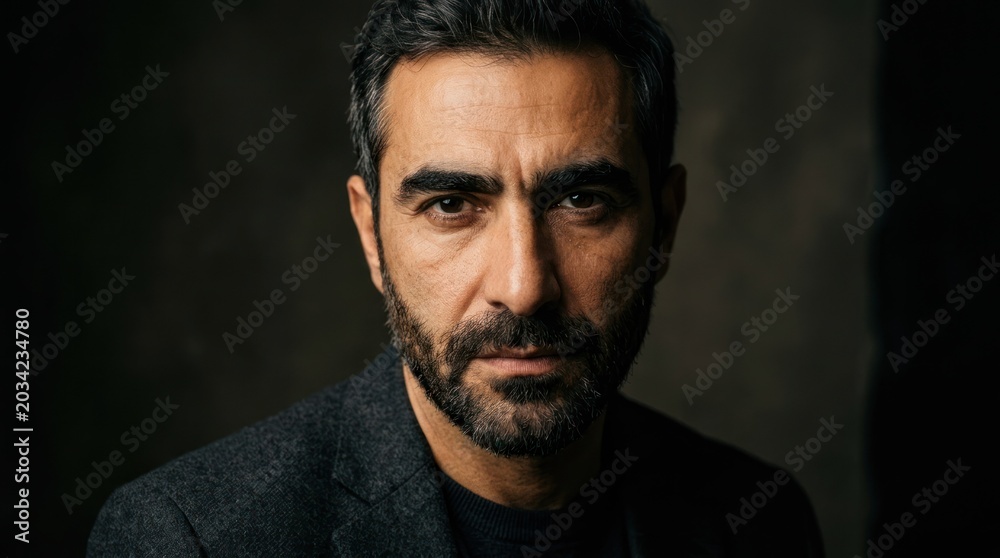 Obraz premium A man with a beard wearing a dark suit against a dark background.