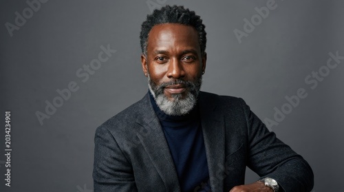 A man in a suit and tie, with a beard, sitting against a gray background.