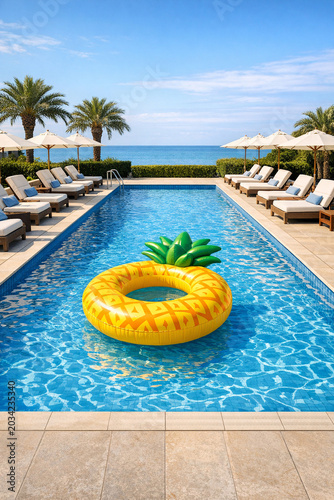 Relaxing resort pool with a floating pineapple toy and sun loungers.