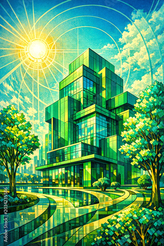 A vibrant illustration of a contemporary office complex with natural elements.