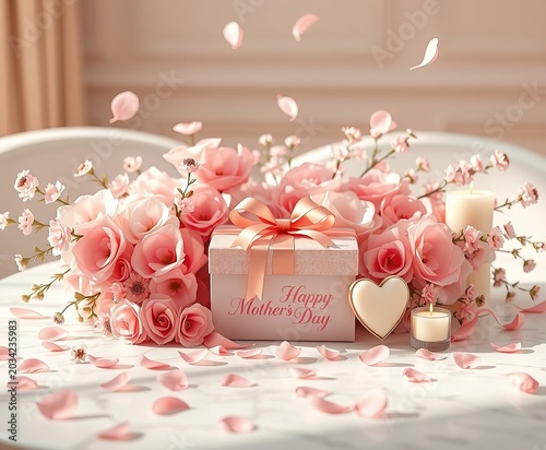 Vertical Elegant Pink Gift Box with Gold Ribbon, Pink Roses, and Mother's Day Card on Marble Table with Falling Petals and Sunlight