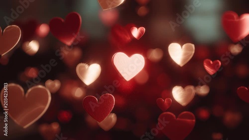 Red heart bokeh lights floating warmly, romantic dinner backdrop with candlelit mood, soft focus hearts drifting in deep red tones, shimmering highlights and blurred city lights creating elegant, cozy
