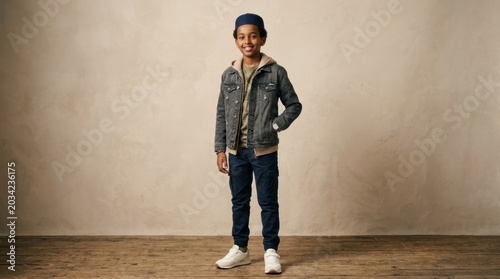 A young boy in a denim jacket and jeans standing in front of a wooden floor.
