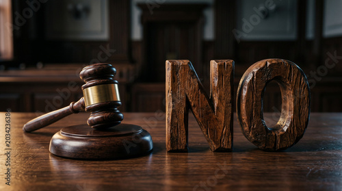 Handcrafted wooden gavel resting beside prominent letters spelling no on polished desk in quiet courtroom background representing legal finality denial and judicial negative decision making.