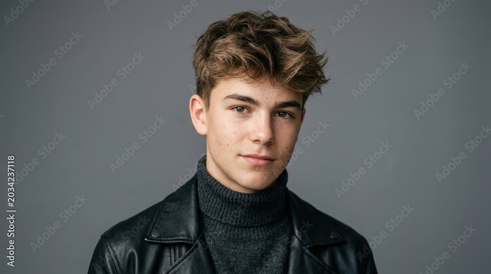 Obraz premium A young man with short, curly hair wearing a black leather jacket and a gray turtleneck, standing against a gray background.