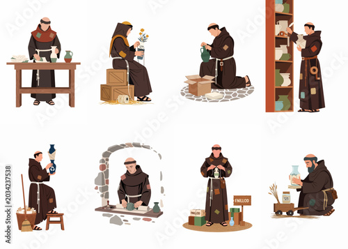 Fotografía Set of illustrations depicting medieval monks in brown habits performing various daily tasks like packing, organizing pottery, and handling scrolls