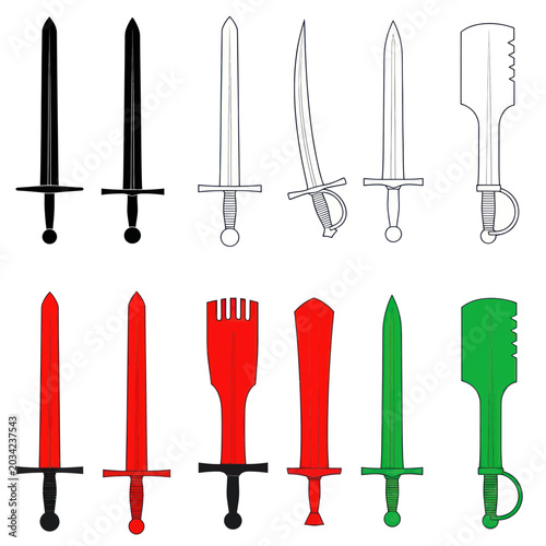 Fotografía Collection of Diverse Swords, Medieval Weapons, Fantasy Blades, Color and Outlin