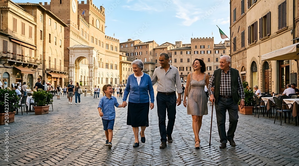 Naklejka premium Happy Multi-Generational Family Walking in Historic Italian Plaza