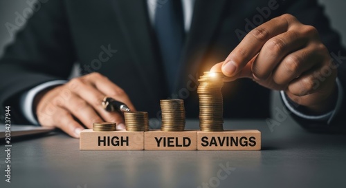 High yield savings concept with businessman stacking gold coins on wooden blocks, financial growth and wealth management strategy, banking and investment