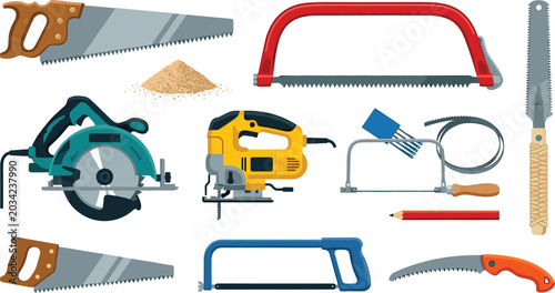 Photos Collection of hand saw and woodworking tool vector illustrations featuring power