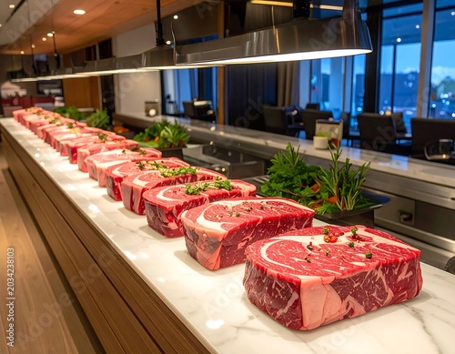 Fresh steaks arranged on a marble counter