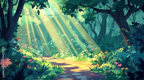 Sunbeams illuminate a magical forest path.