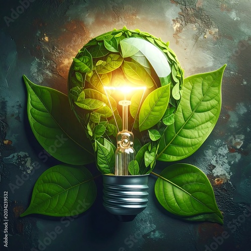 Glowing green bulb surrounded by vibrant leaves
