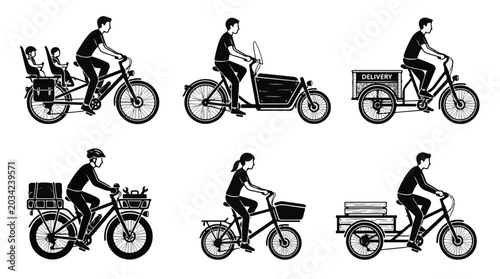 Foto Diverse People Enjoying Bicycle Transportation and Delivery Services in Black an