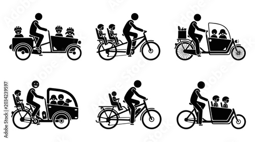 Billede på lærred Family Cycling with Cargo Bike Carrying Children and Dog