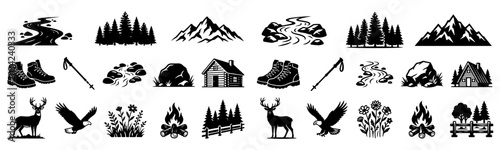 Foto Outdoor camping and wilderness vector collection with mountains forest cabin hik