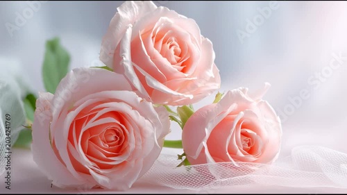 Beautiful pink roses arranged with gentle fabric in a soft light setting