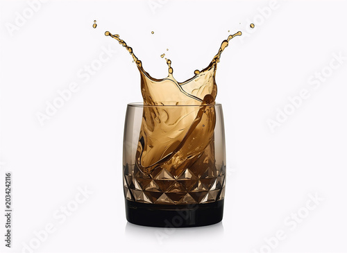 Dynamic Whiskey Splash in Glass on White Background