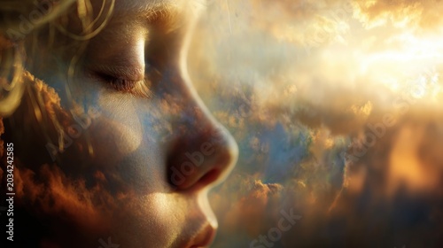 Child's Face With Sky and Clouds Overlay