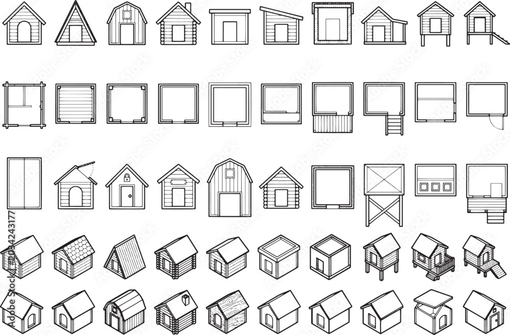 Fototapeta premium A collection of architectural building plans, house elevations, and isometric views, showcasing various construction designs and blueprints for residential structures.