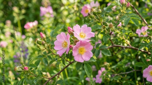 Delicate Pink Wildflowers in Bloom Pink Flowers Nature Flora Botanical Garden Spring Blooming. Concept featuring pink flowers, nature, flora, botanical, garden for professional commercial design.