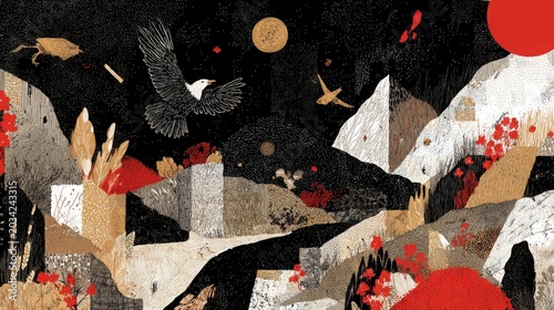 Eagle flies in starry night over mountainous landscape