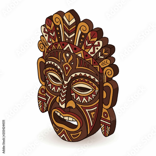Fotografie Tribal mask with intricate patterns and headdress.