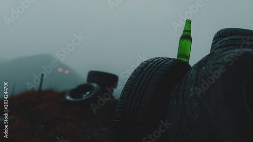 Green glass bottle balanced on a weathered tire in fog